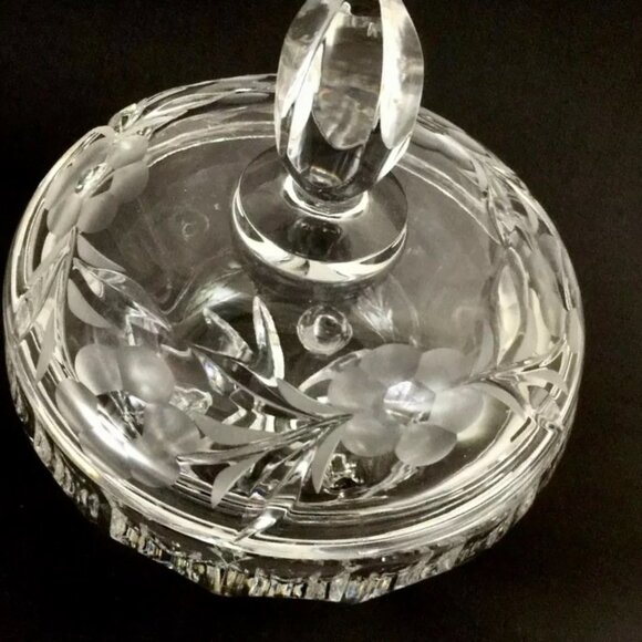 Czech Hand Cut Crystal Lidded Candy Dish Pedestal Bowl Etched Glass Lid VTG 60's - Picture 7 of 12